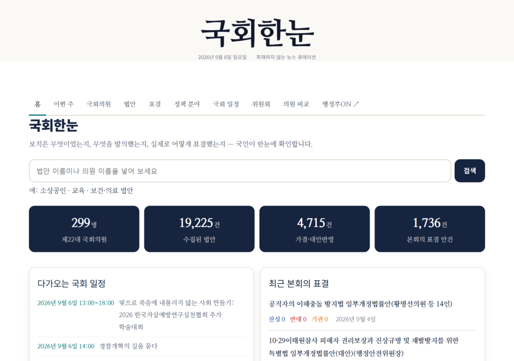 국회한눈 첫 화면 — 검색 칸과 의원 299명·법안 19,225건·표결 안건 1,736건 숫자판