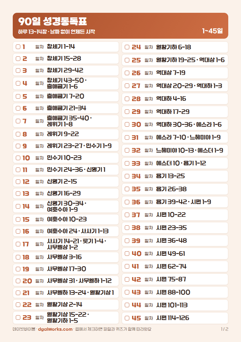 90일 성경통독표 1~45일 쪽