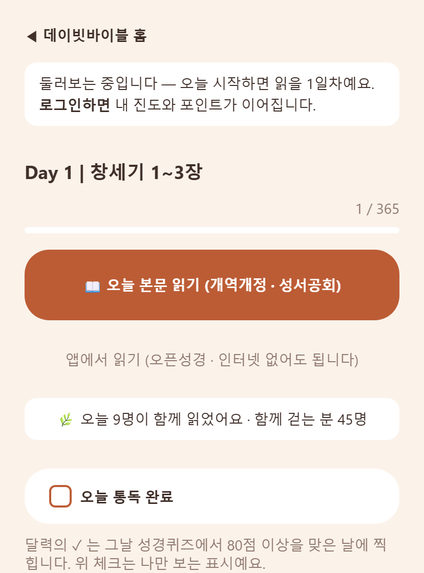 데이빗바이블 통독도우미 - 오늘 읽을 곳과 함께 읽은 사람 수