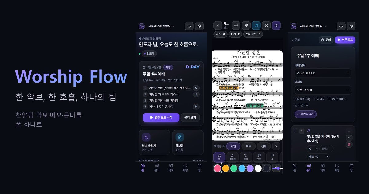 찬양팀 악보 앱 — 코드 악보·조옮김·콘티를 폰 하나로 (Worship Flow)